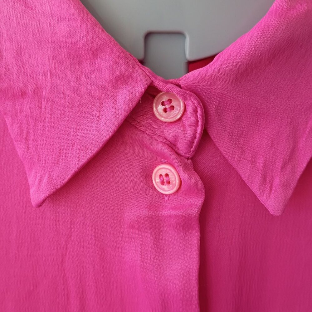 ZARA Hot Pink Button-Down Blouse Long Sleeve Satin Look - Size S